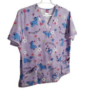 Disney Eeyore Size XL Shirt Scrub Top Pullover Pockets V-neck Floral Purple